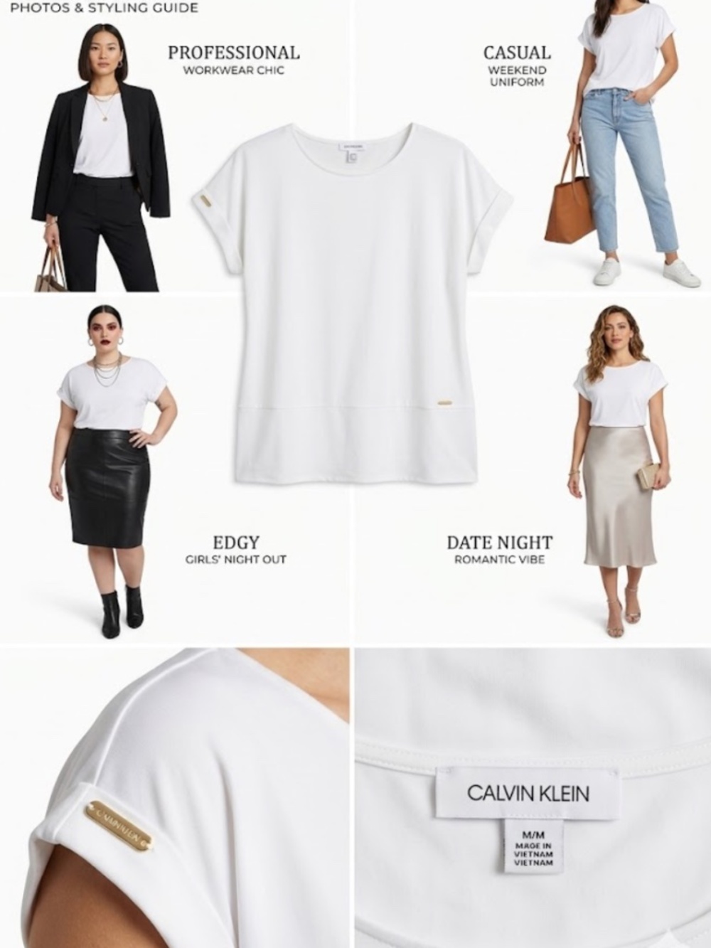 CALVIN KLEIN White Matte Jersey Top - Size M - Gold Logo Plate - Rolled Sleeve